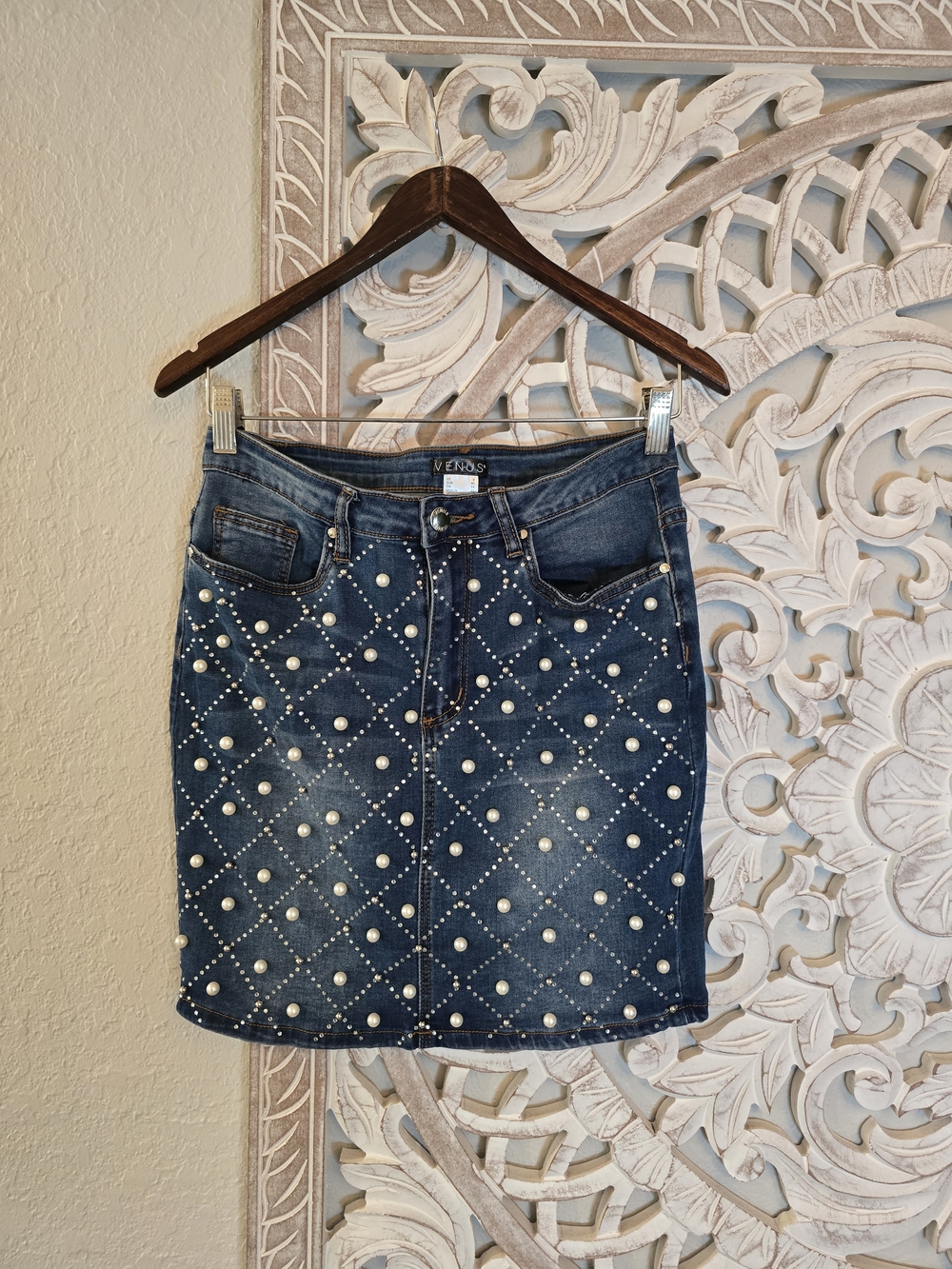 VENUS Women’s Blue Denim Mini Skirt Pearl & Rhinestone Studded Size 8